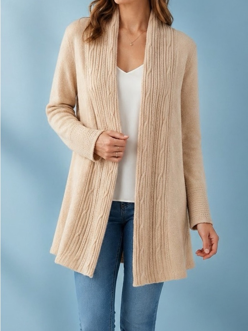 Design History 100% Cashmere Long Cable Knit Open Cardigan Beige M